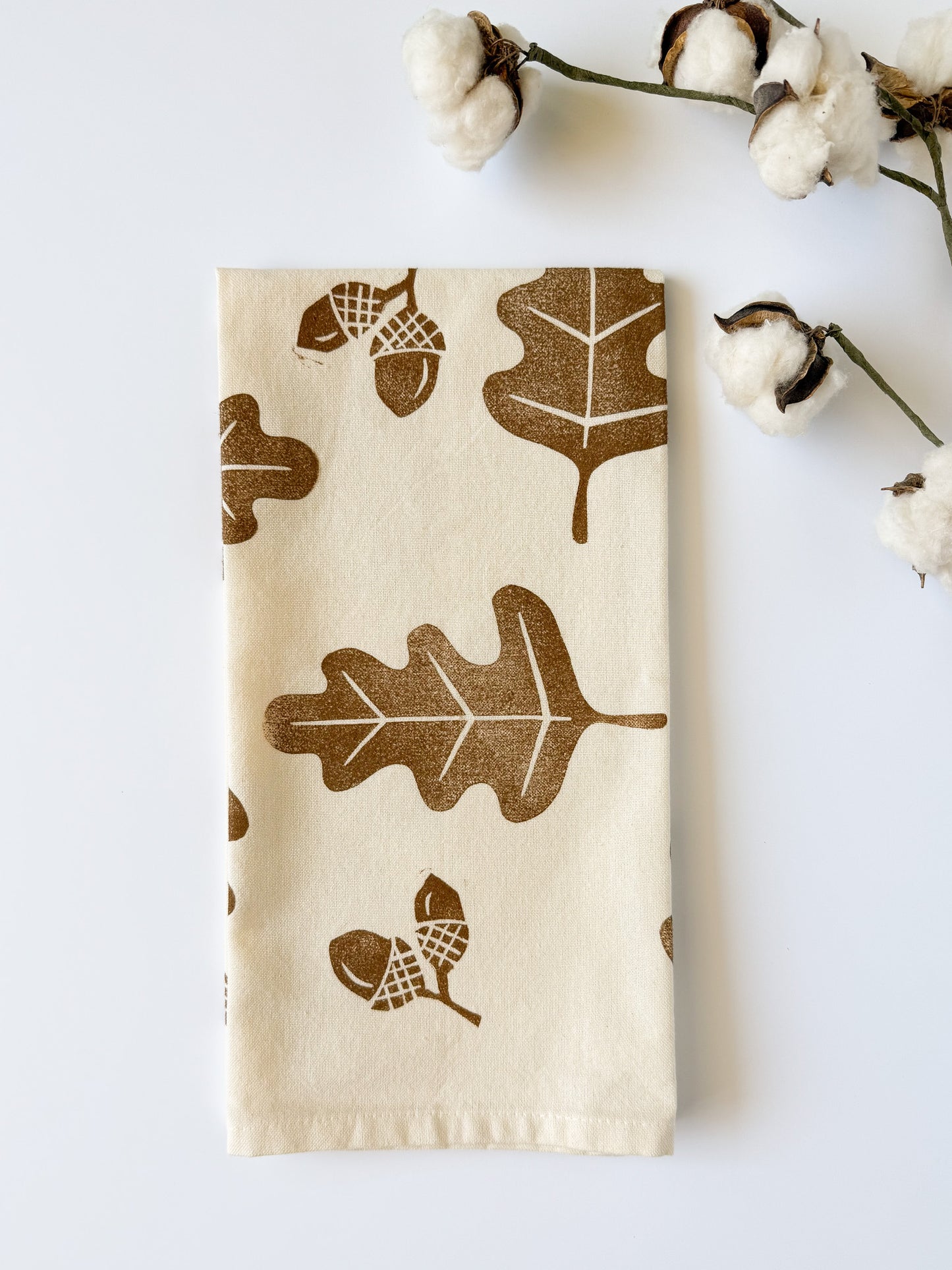 Tea Towel - Block Printed - Acorns and Oak Leaves