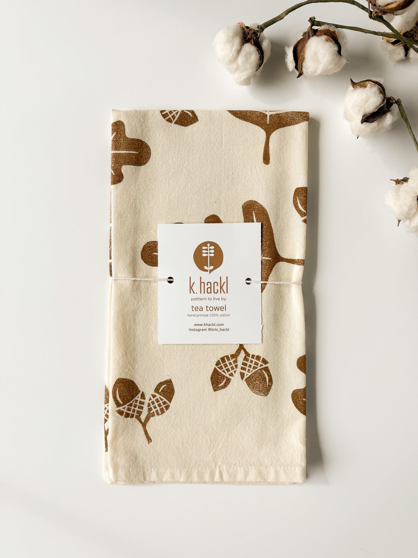 Tea Towel - Block Printed - Acorns and Oak Leaves