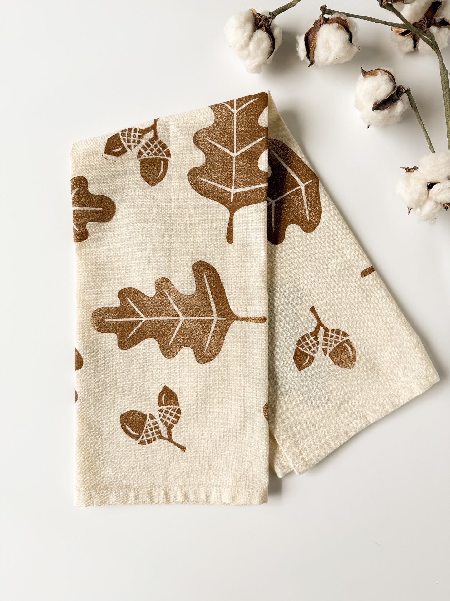 Tea Towel - Block Printed - Acorns and Oak Leaves