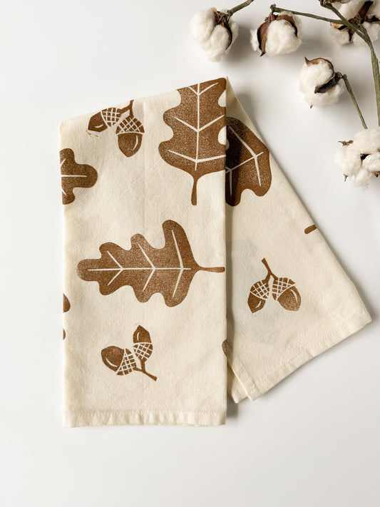 Tea Towel - Block Printed - Acorns and Oak Leaves