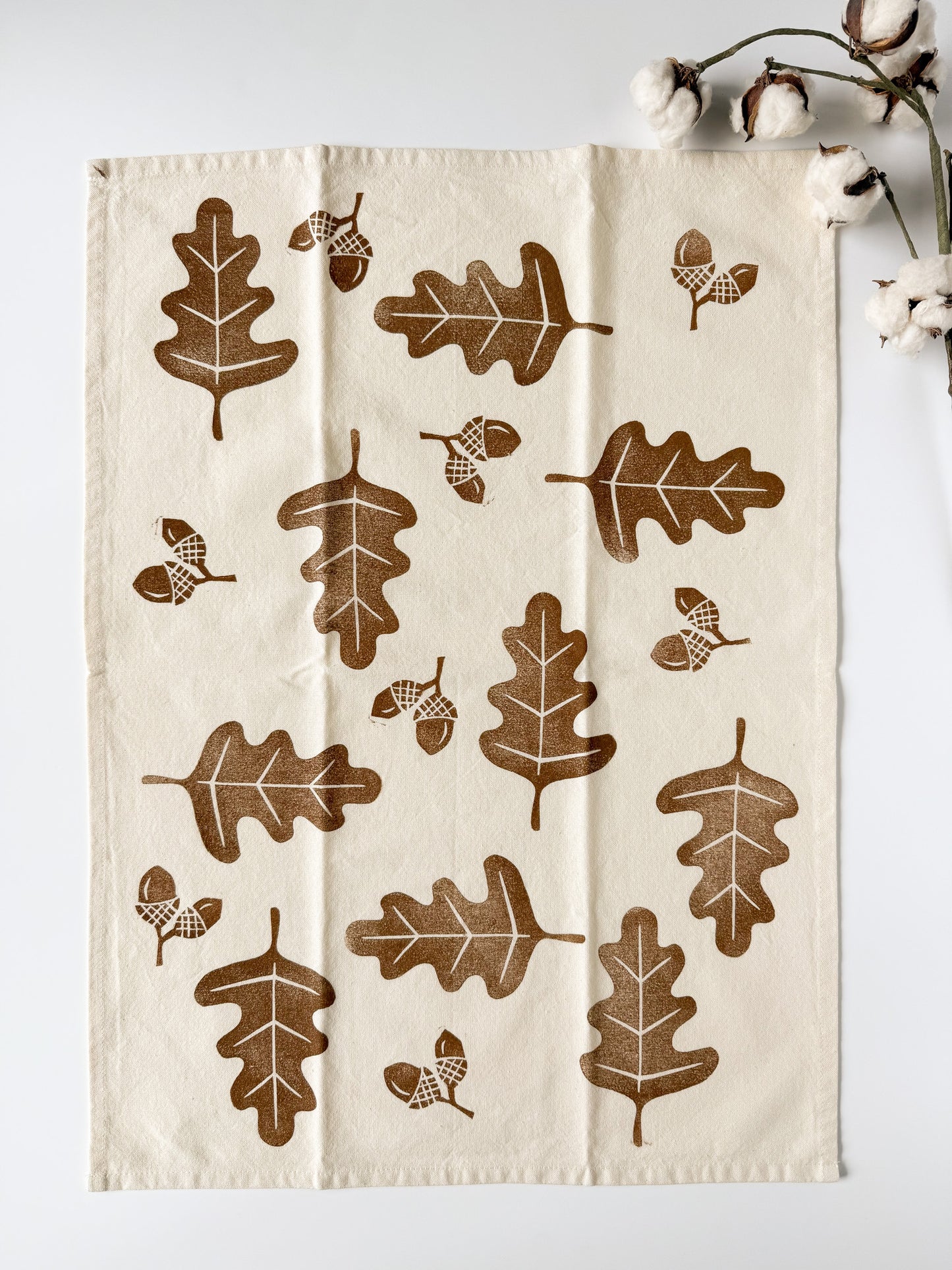 Tea Towel - Block Printed - Acorns and Oak Leaves