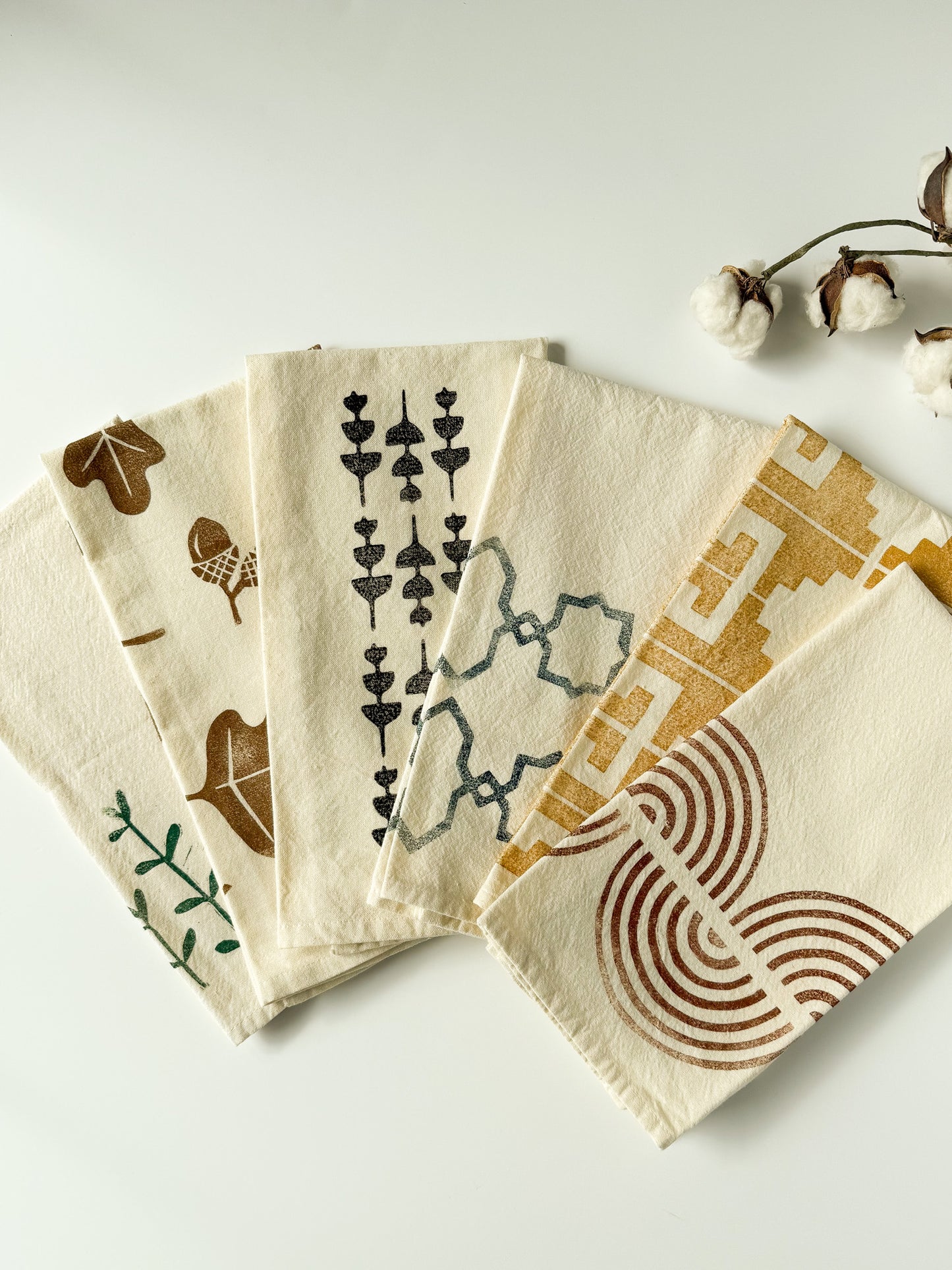 Tea Towel - Block Printed - Acorns and Oak Leaves