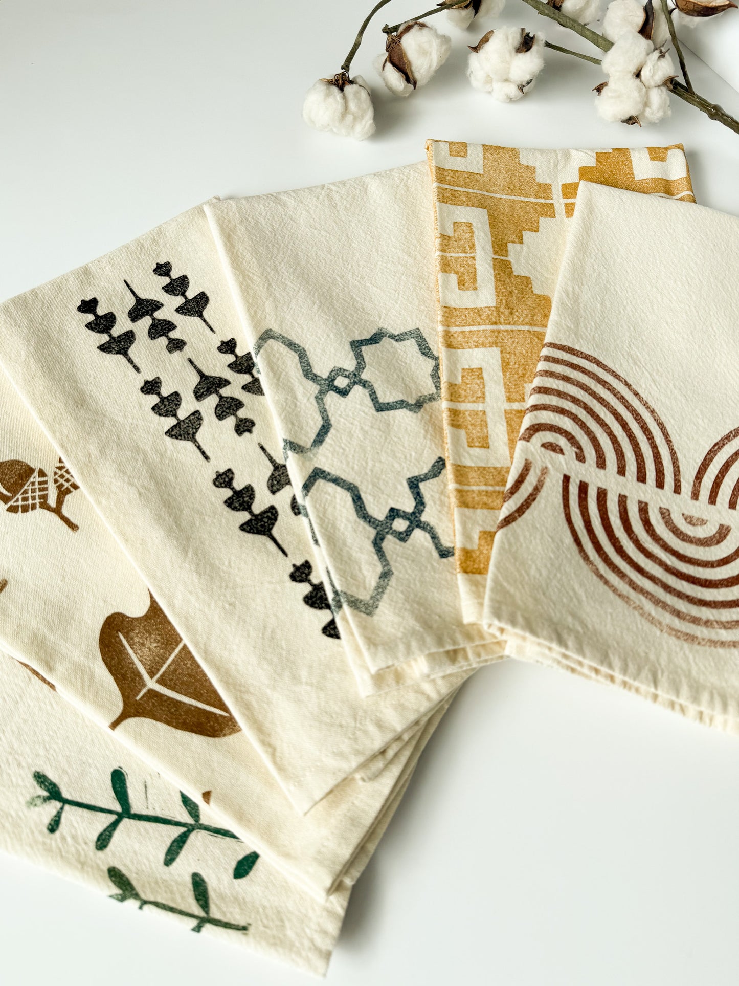 Tea Towel - Block Printed - Pod Flower