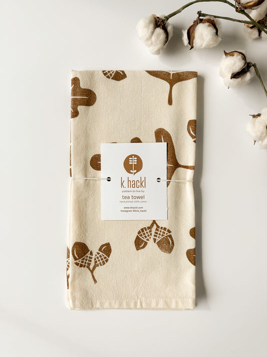 Tea Towel - Block Printed - Acorns and Oak Leaves