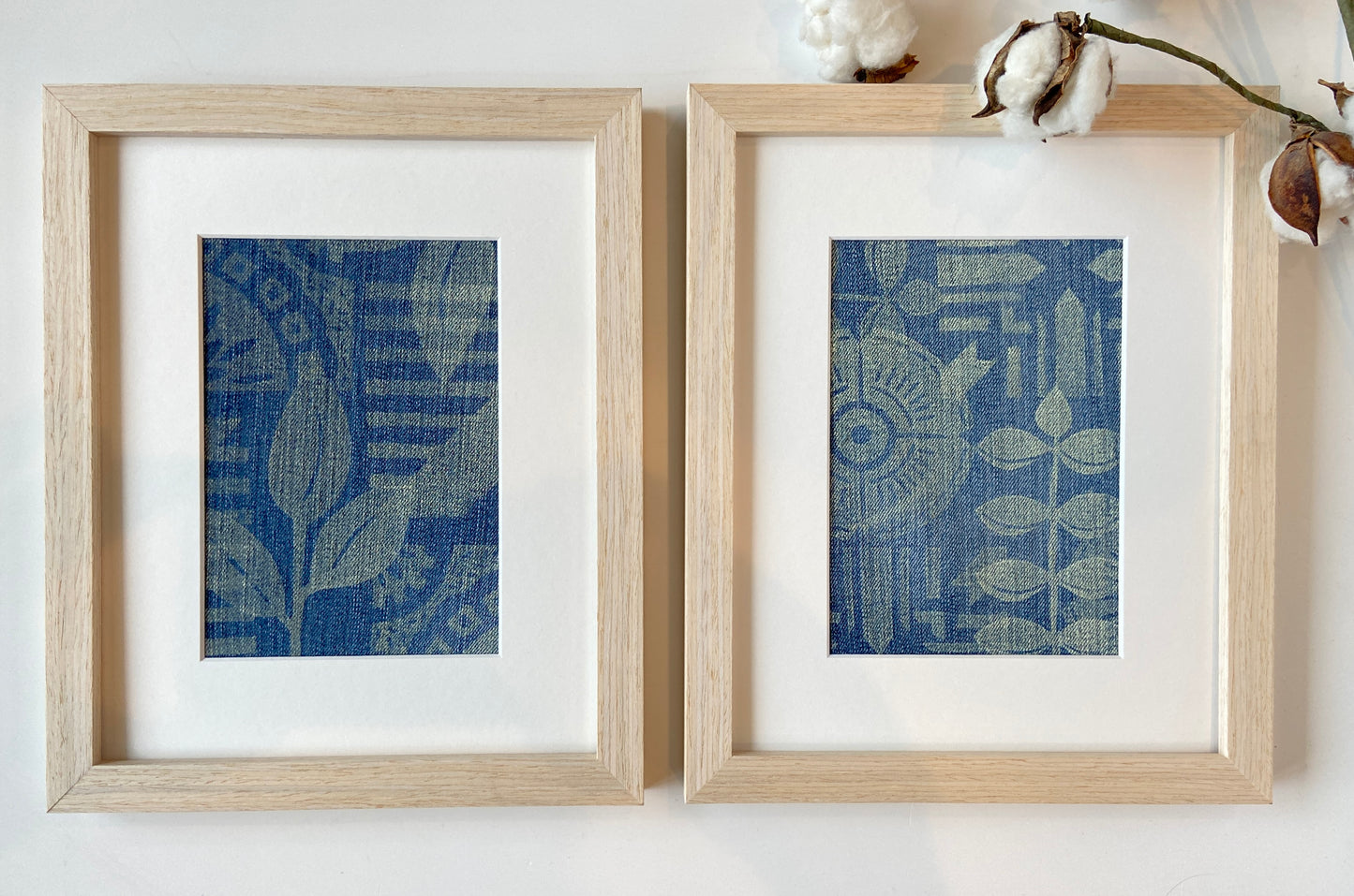 Block Printed Textile Art - Pair (2 prints) - Upcycled Denim