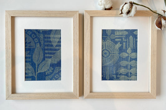 Block Printed Textile Art - Pair (2 prints) - Upcycled Denim
